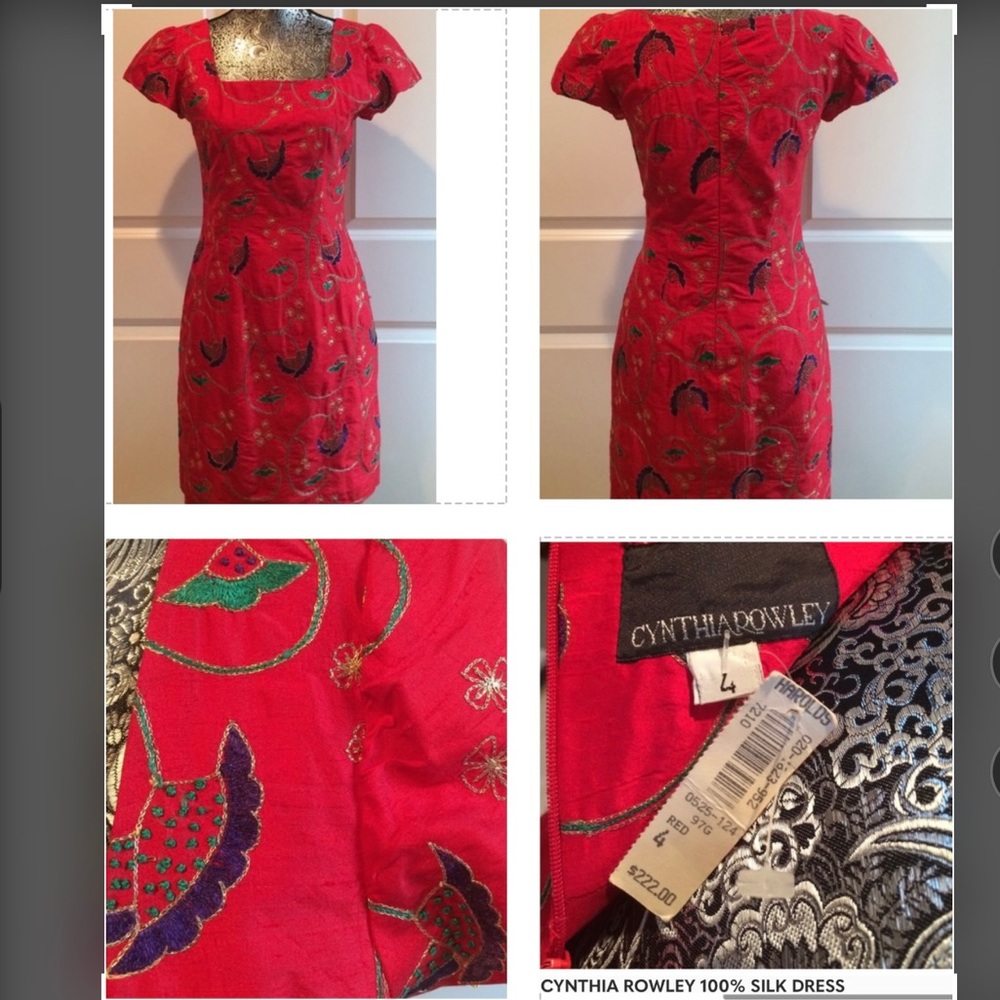 CYNTHIA ROWLEY 100% RED SILK CAP SLEEVE DRESS